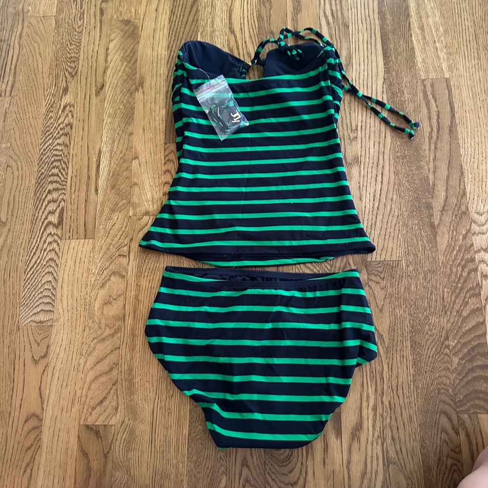 Michael Kors Swimsuit Tankini Set Striped‎ Halter Top Bottoms Green Blue XS - Picture 5 of 5